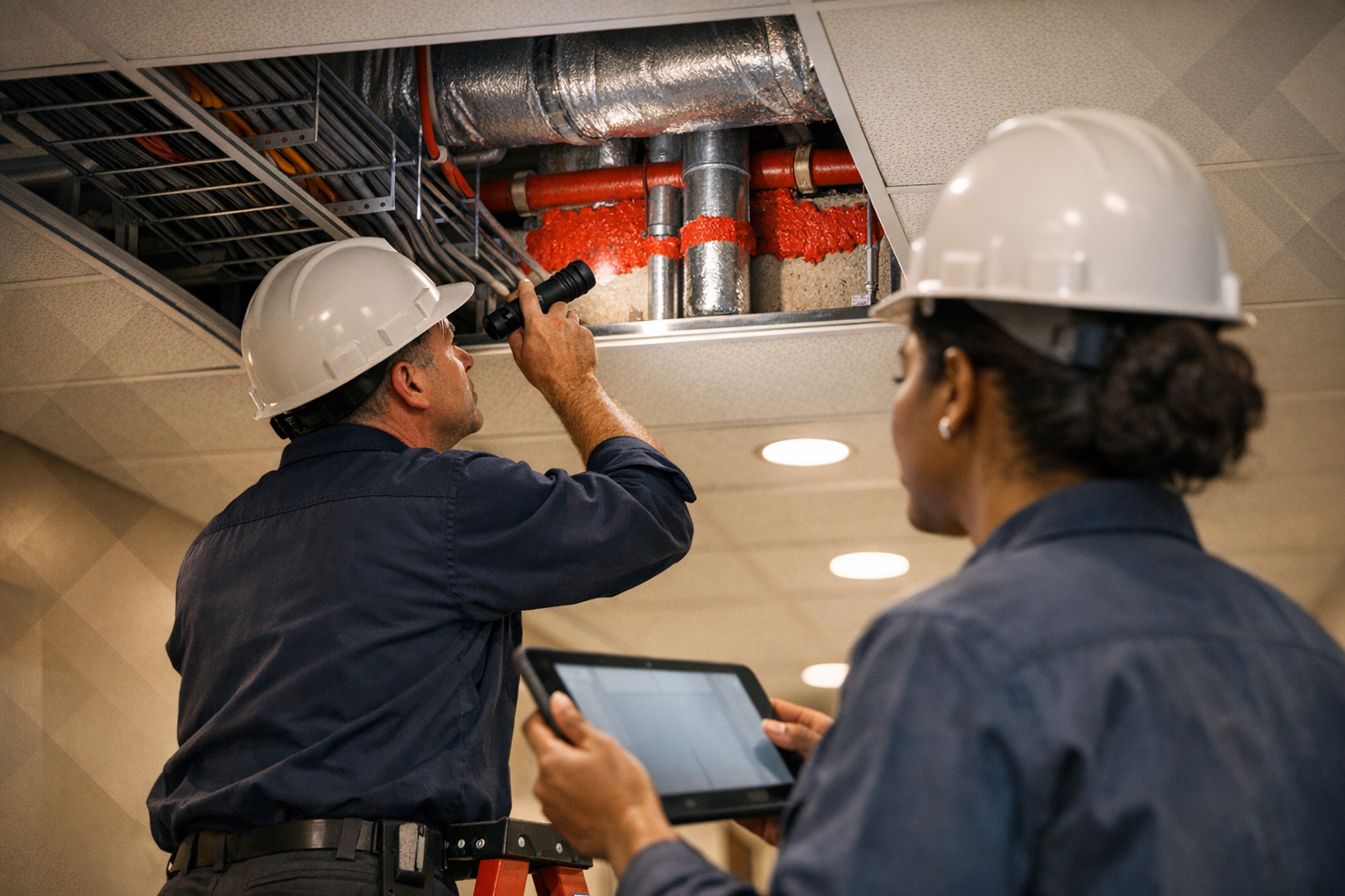 Here’s a photorealistic hospital corridor inspection scene with the team reviewing the above-ceiling fire barrier and firestop details. If you want, I